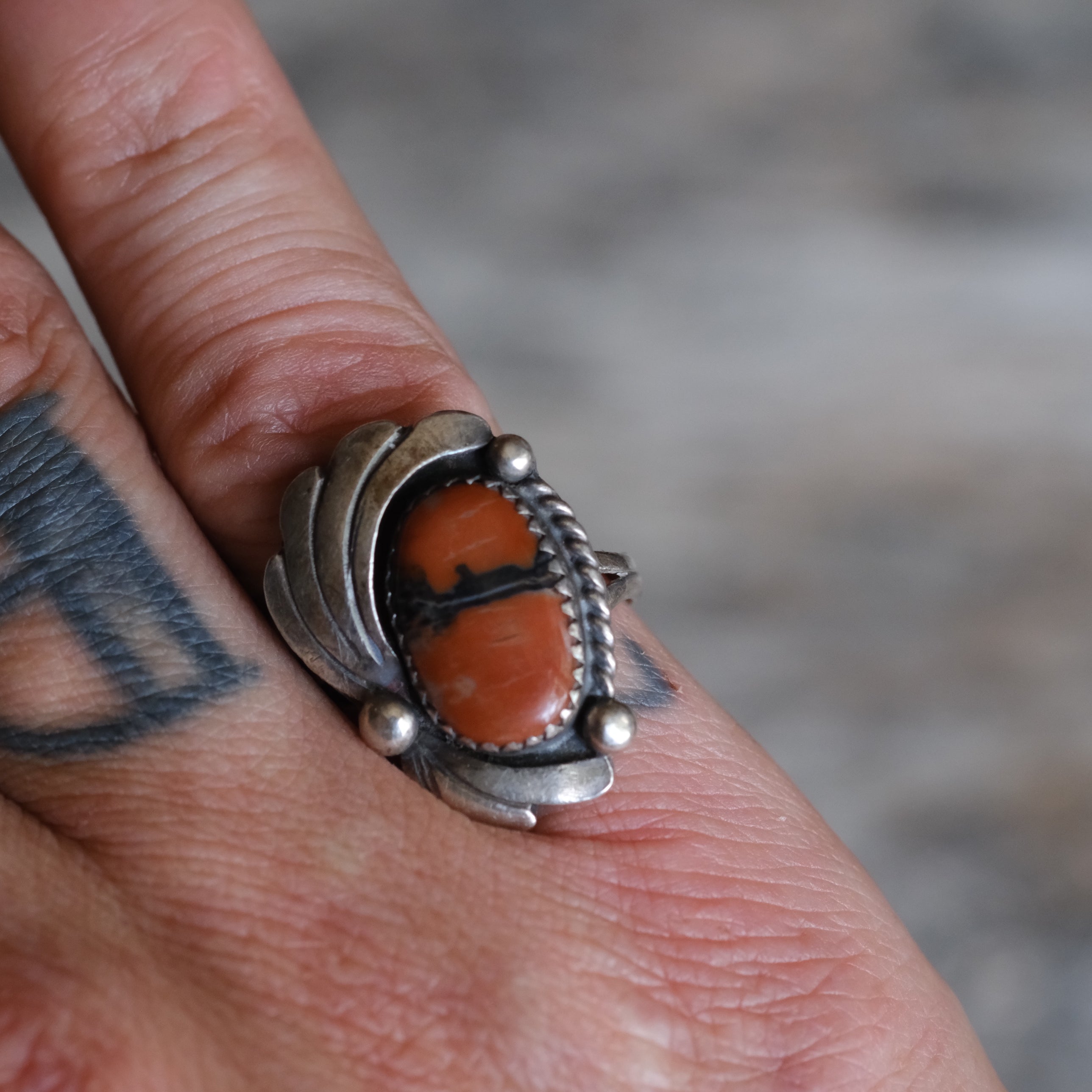 Vintage Sterling Petrified Wood Feather Ring 8
