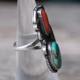 Vintage Sterling Turquoise and Coral Feather Ring 5.25