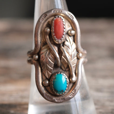 Vintage Sterling Turquoise and Coral Feather Ring 9