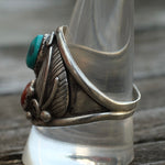 Vintage Sterling Turquoise and Coral Feather Ring 10.5