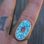 Vintage Sterling Crushed Turquoise and Coral Inlay Ring 11