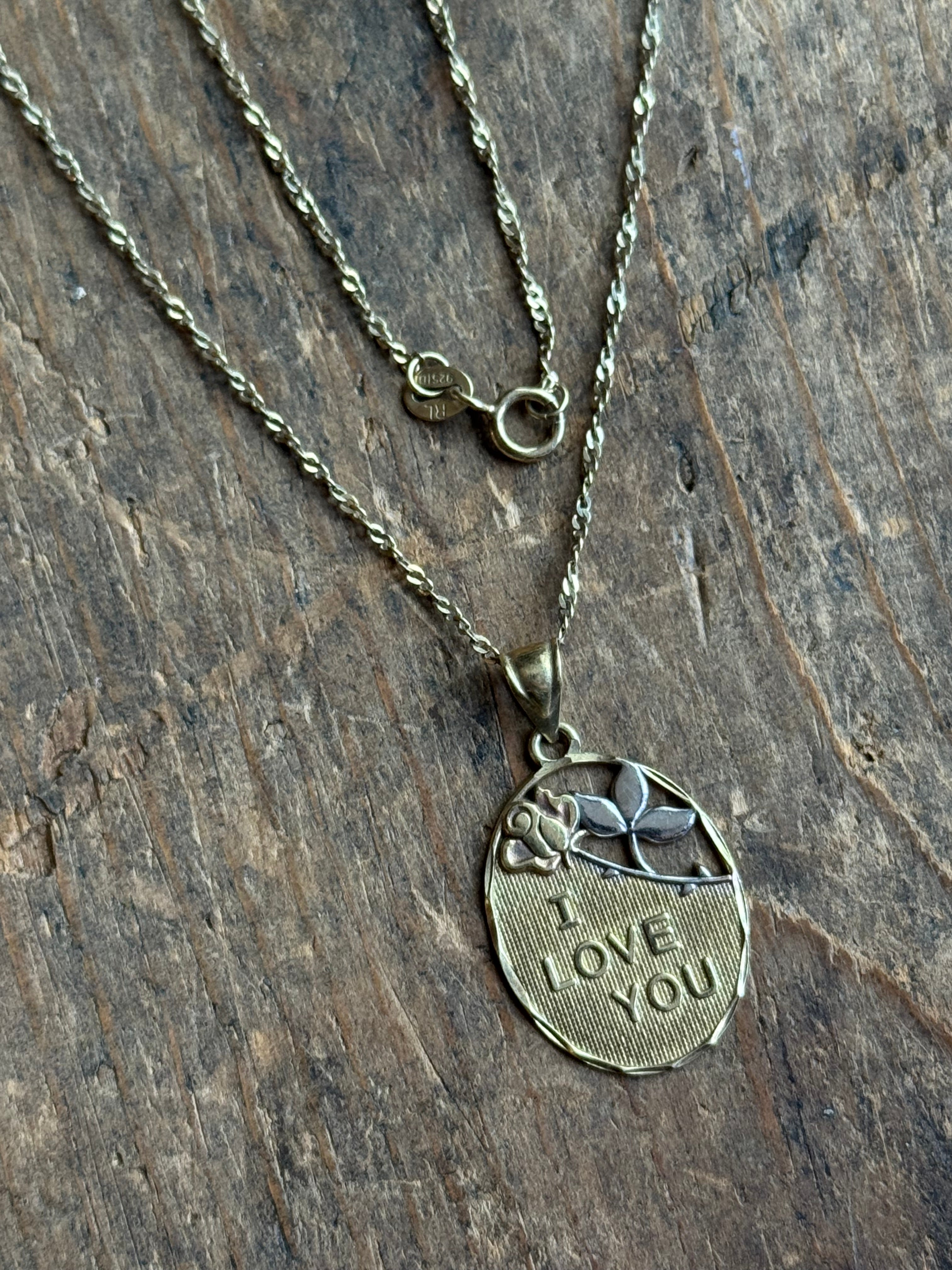 Vintage Sterling Silver Gold Tone 'I Love You' Necklace