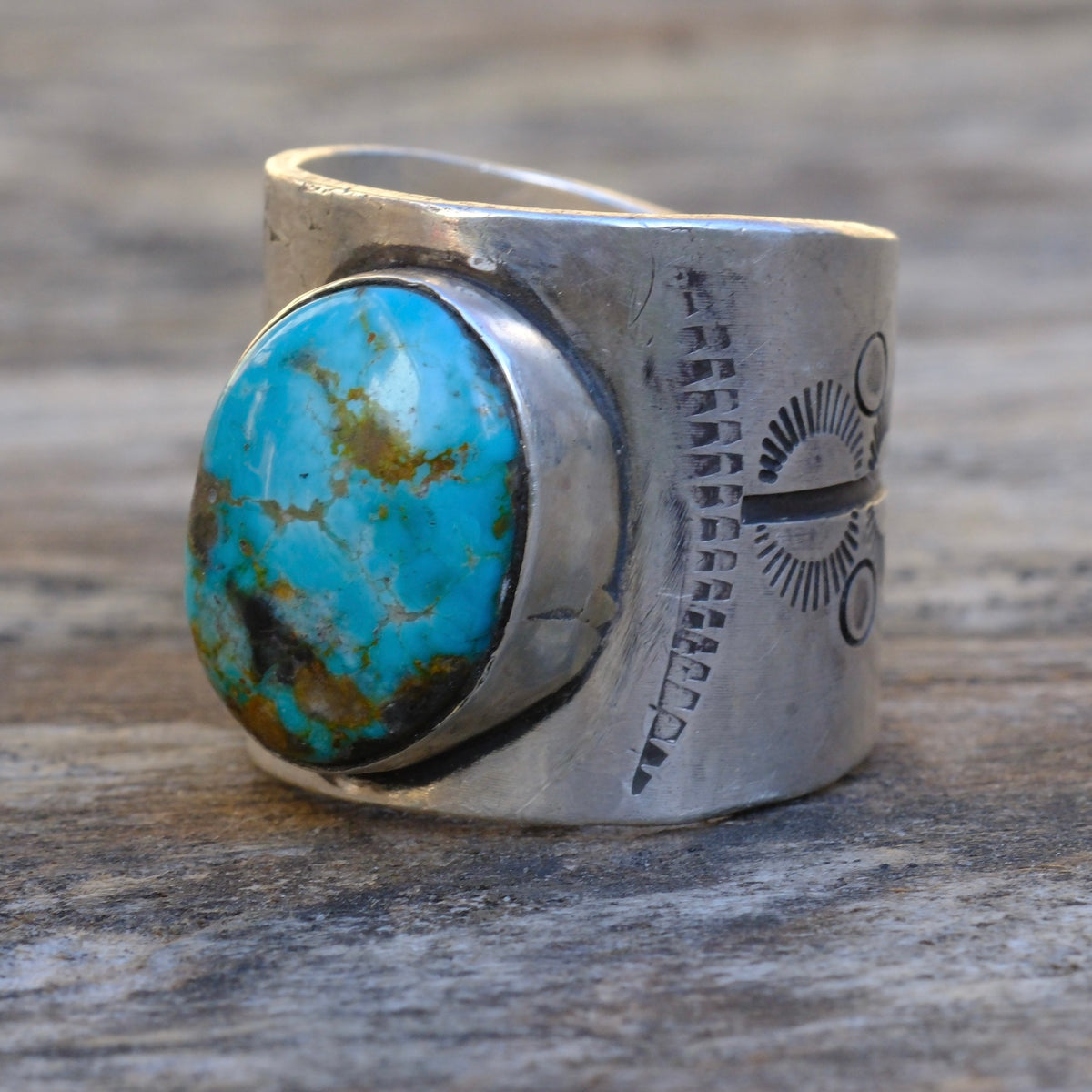 Sterling Silver Fox Turquoise Stamped Ring 8.5