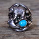 Vintage Sterling Turquoise Bear Ring 6.75