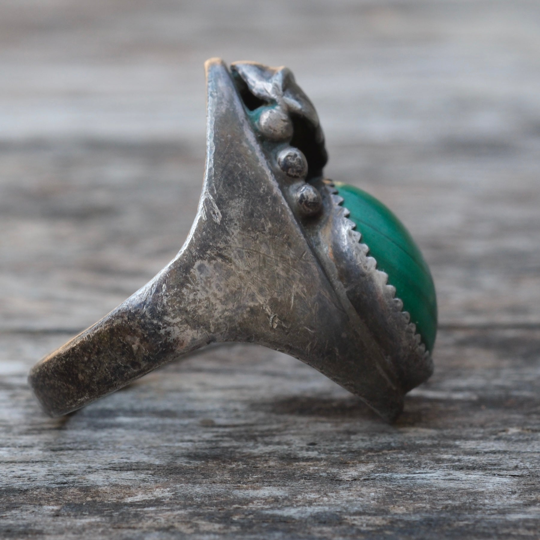 Vintage Sterling Malachite Feather Ring 7.5