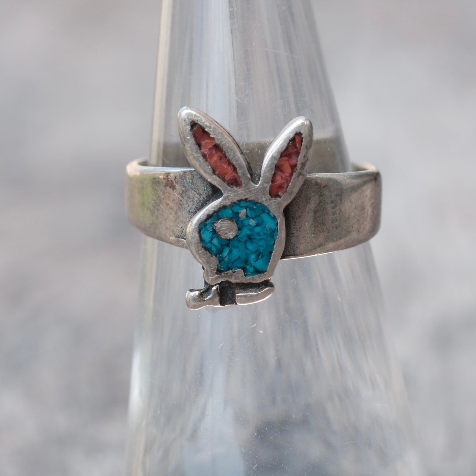 Vintage Sterling Turquoise and Coral Playboy Band Ring 5.5