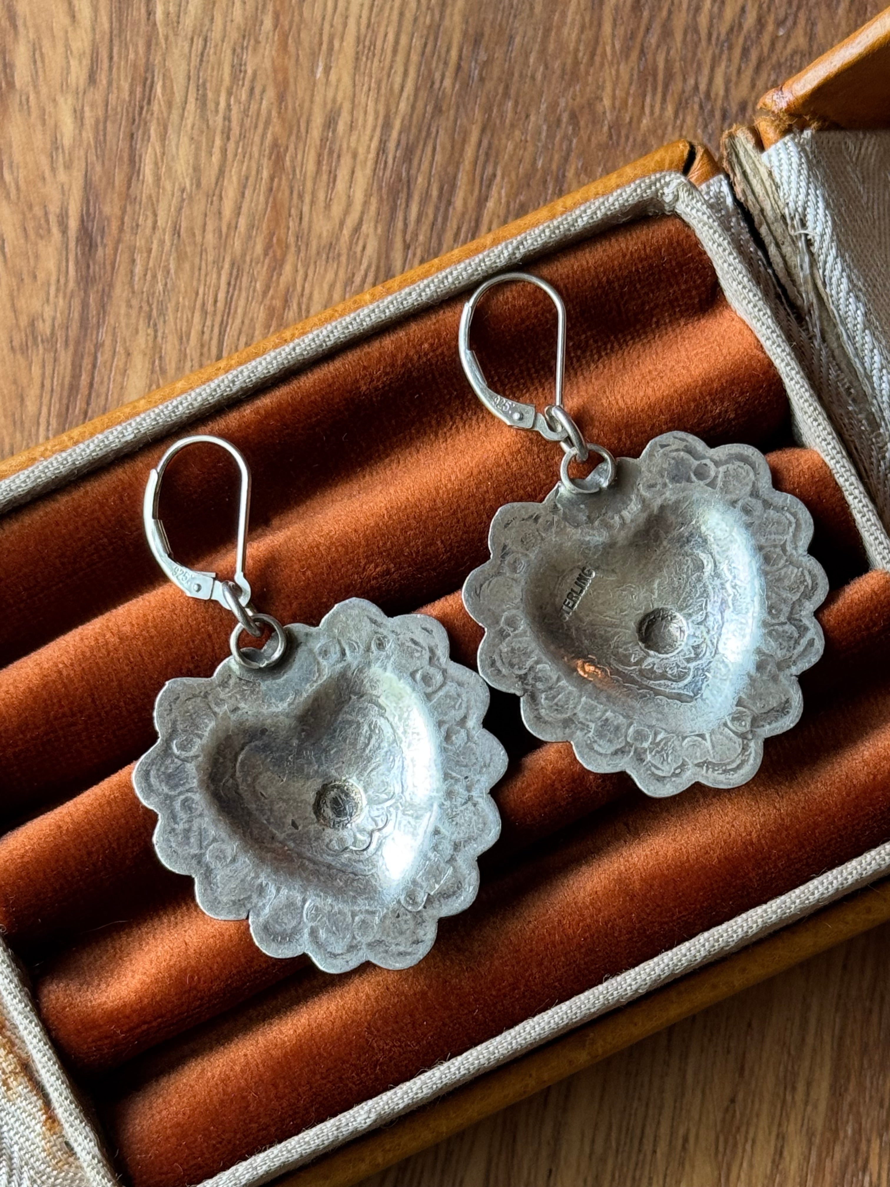 Vintage Sterling Silver Heart Concho Earrings
