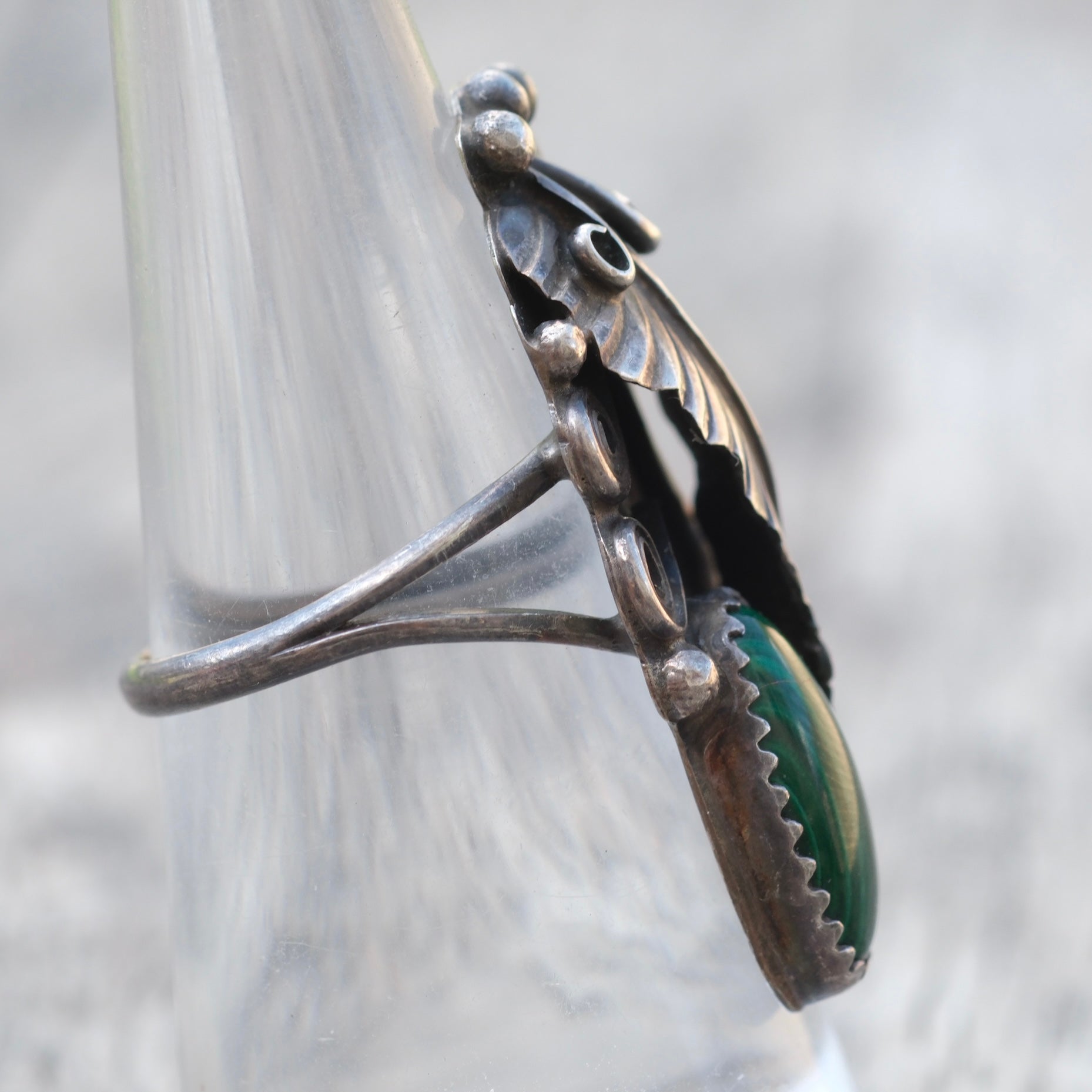 Vintage Sterling Malachite Feather Ring 7.5