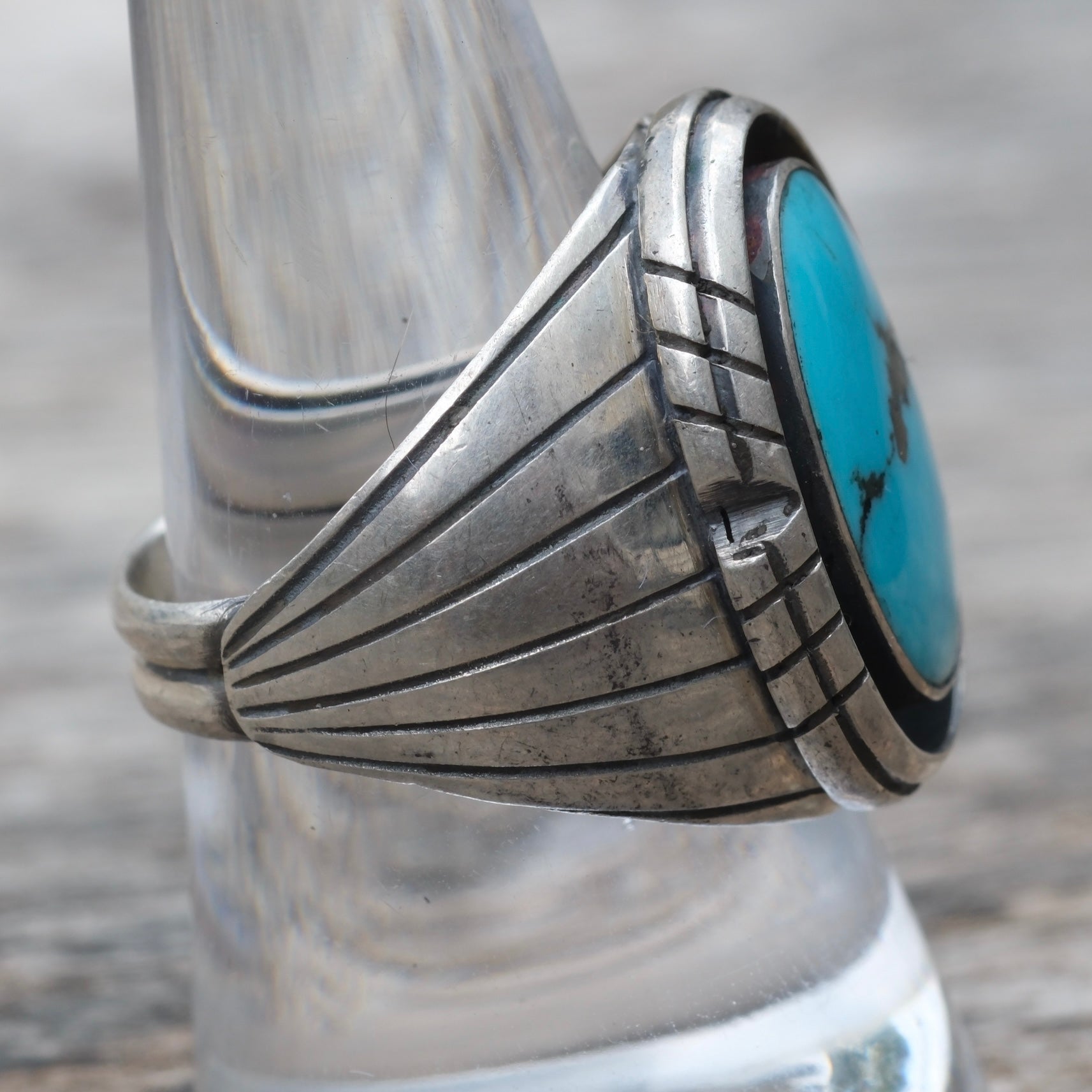 Vintage Sterling Turquoise Ribbed Band Ring 9