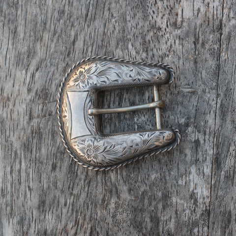 Vintage Sterling Silver Hand Engraved Floral Belt Buckle .75"