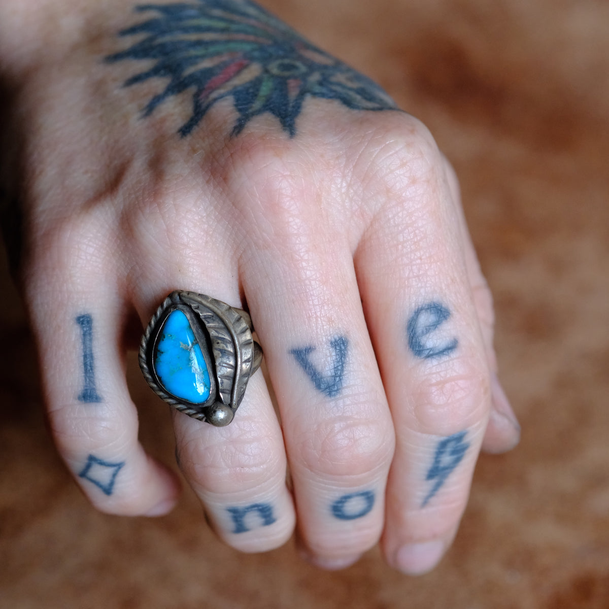 Vintage Sterling Turquoise Feather Ring 6.25