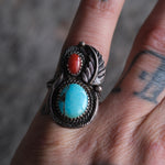 Vintage Sterling Turquoise And Coral Feather Ring 6.5