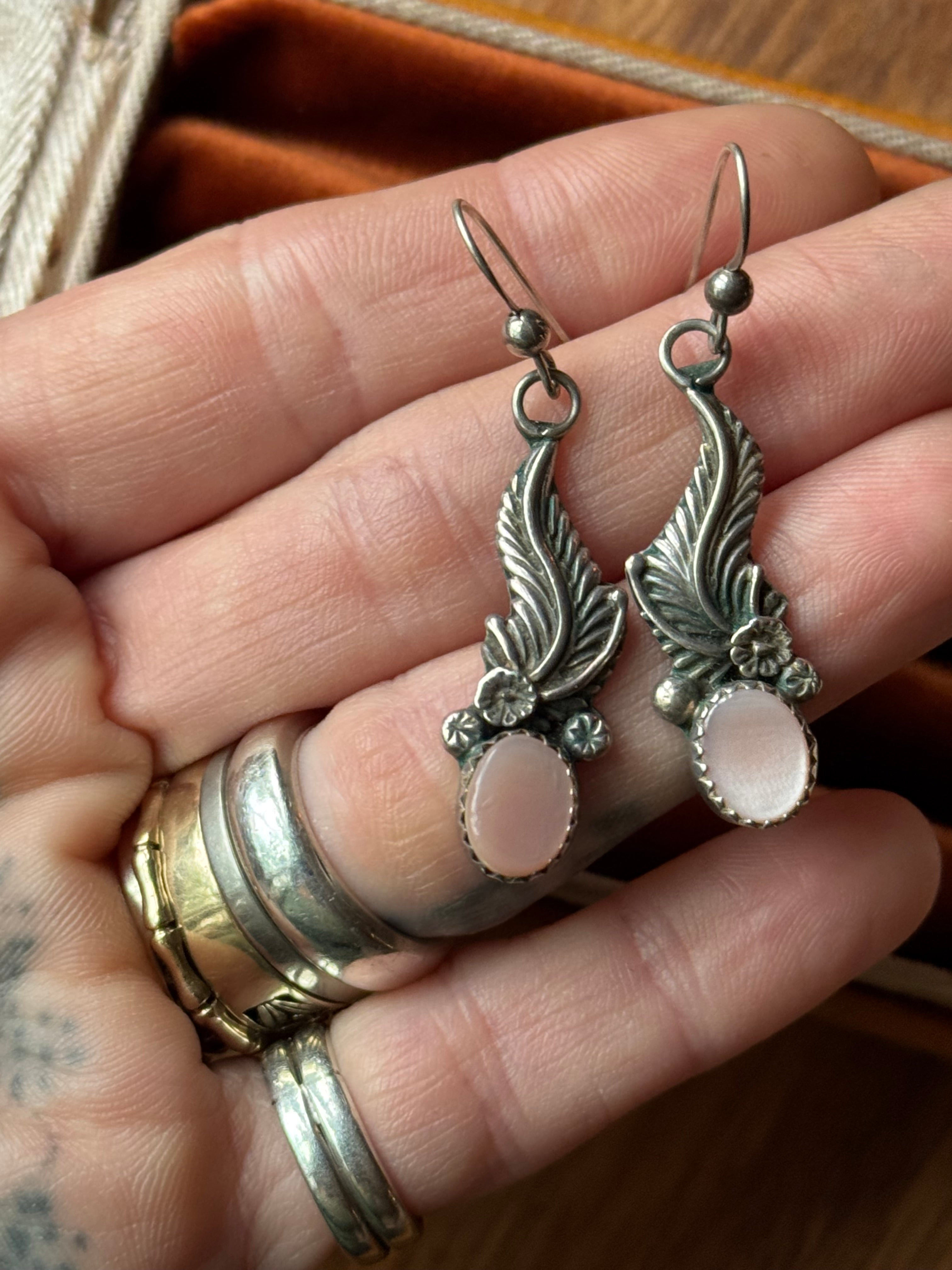 Vintage Sterling Silver Mother Of Pearl Feather Earrings