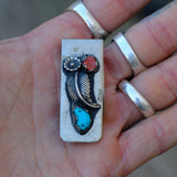 Vintage Sterling Turquoise and Coral Feather Money Clip
