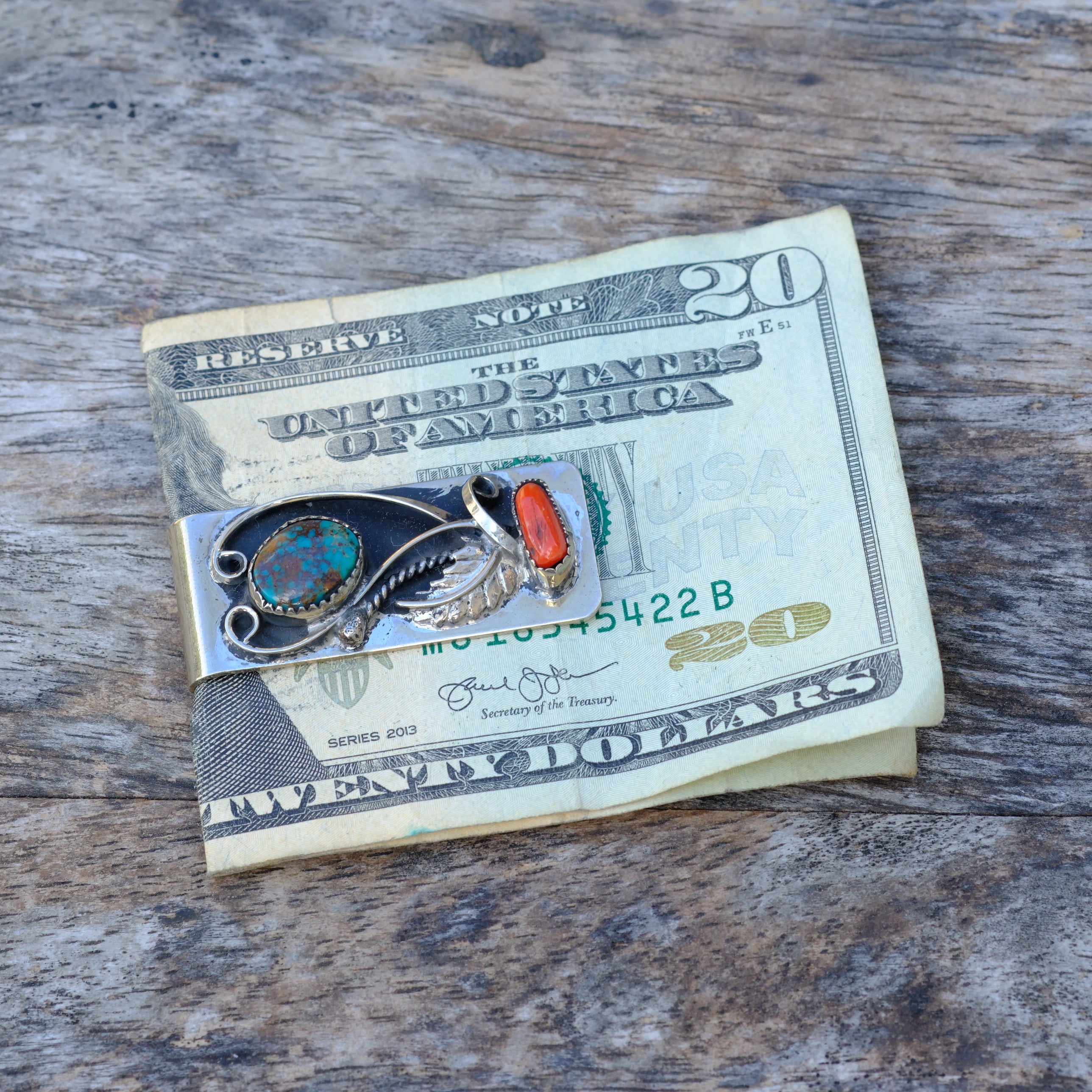 Vintage Turquoise and Coral Feather Money Clip