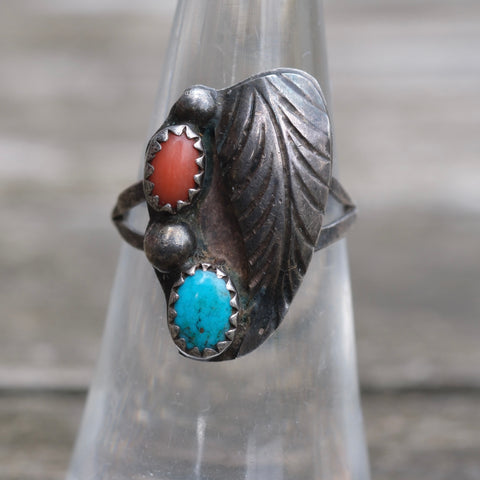 Vintage Sterling Turquoise and Coral Feather Ring 5.75