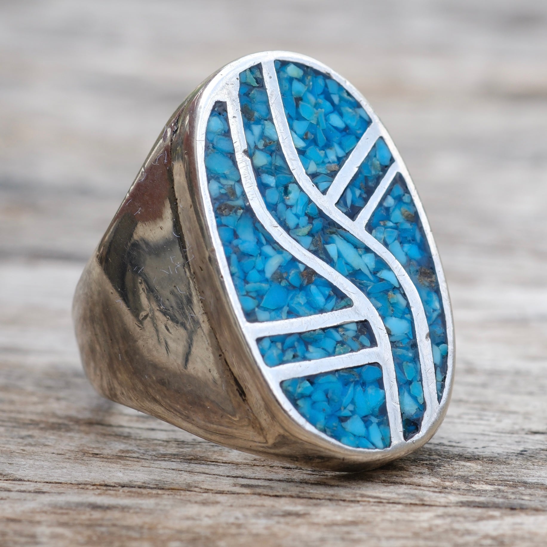 Vintage Sterling Crushed Turquoise Inlay Ring 8.75