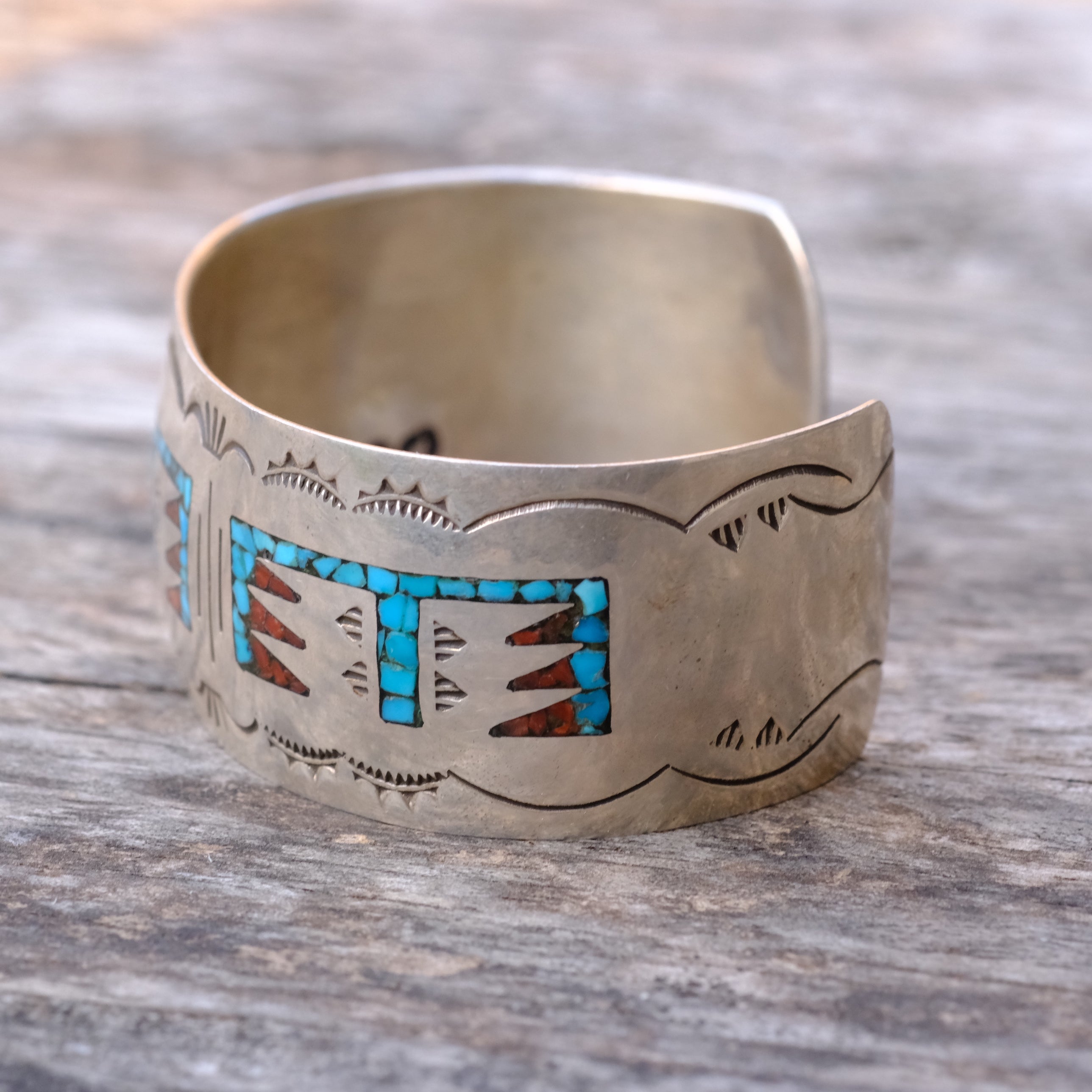 Vintage Sterling Turquoise and Coral Inlay Wide Cuff Bracelet