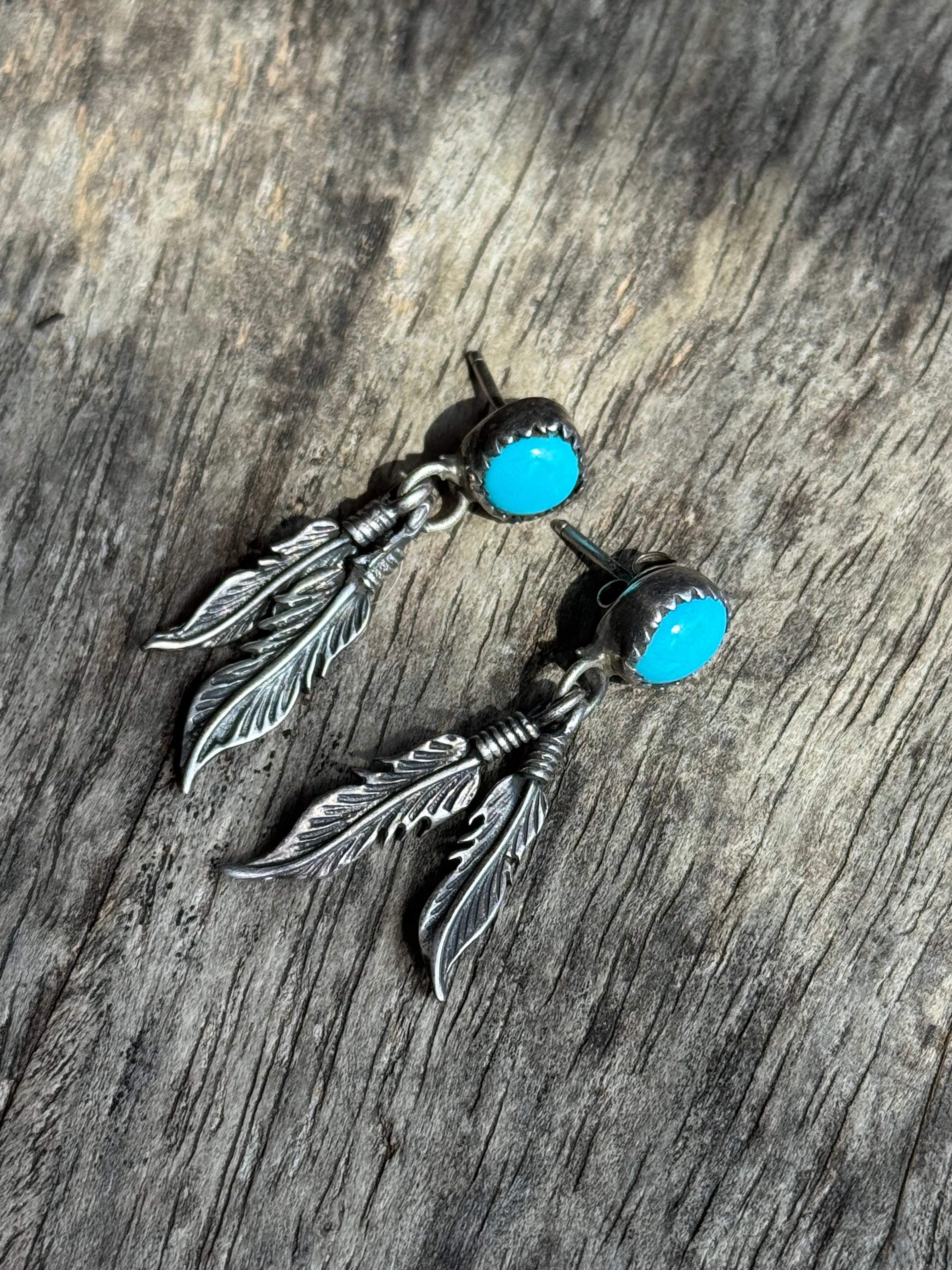 Vintage Sterling Silver Turquoise Feather Earrings