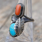 Vintage Sterling Turquoise and Coral Feather Ring 6.5