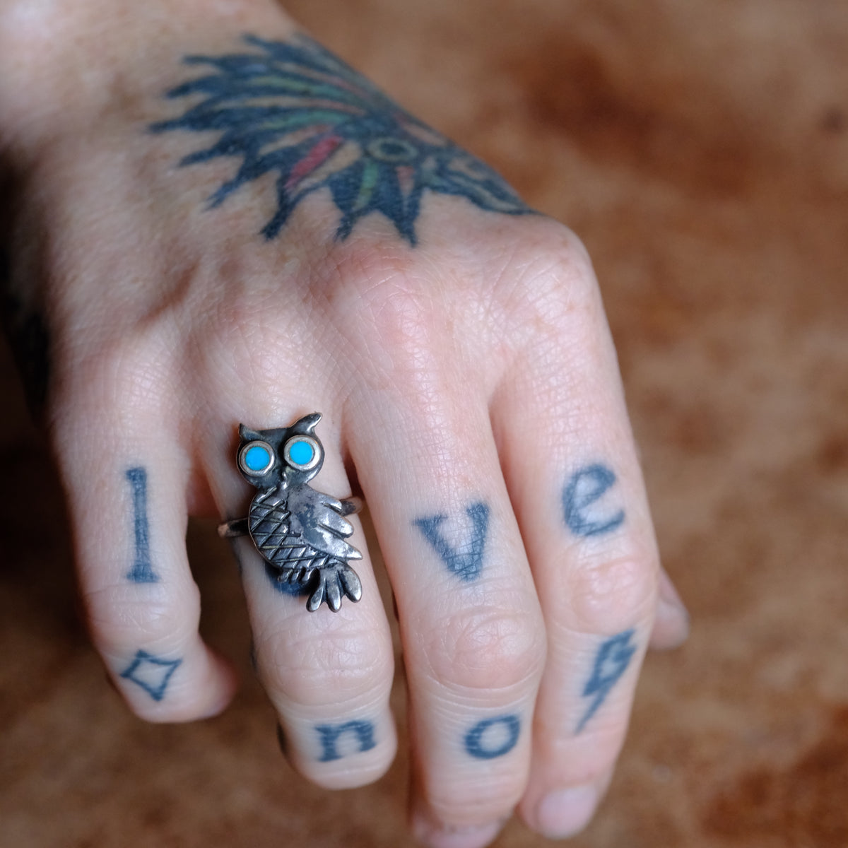 Vintage Sterling Turquoise Owl Ring 6.5