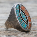 Vintage Sterling Crushed Turquoise and Coral Inlay Ring 9