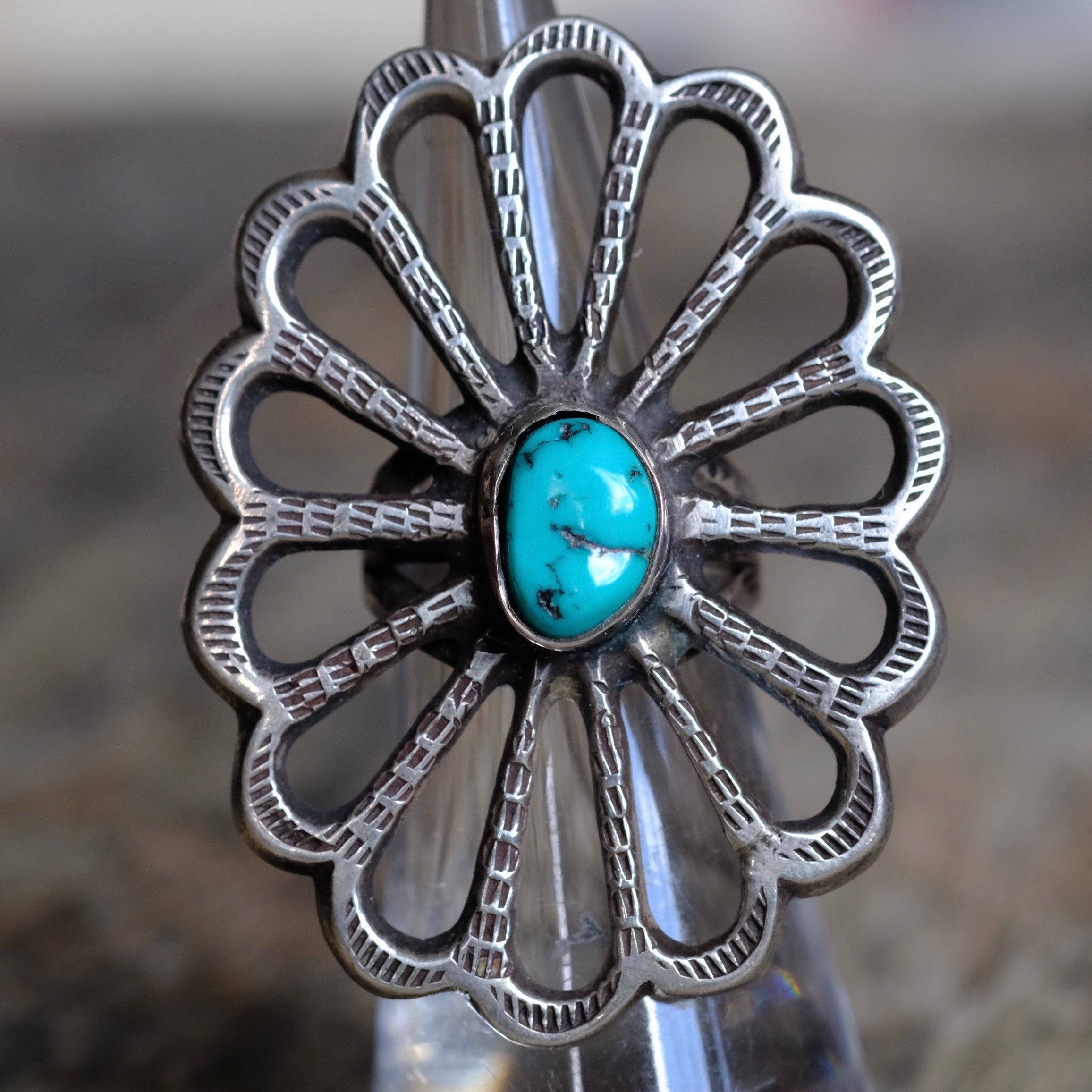 HUGE loop Vintage Sterling Turquoiser Flower Ring 4.25