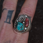 Vintage Sterling Turquoise and Coral Ring 10