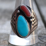 Vintage Sterling Turquoise and Coral Stamped Band Ring 11