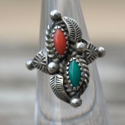 Vintage Sterling Turquoise and Coral Feather Ring 4.75