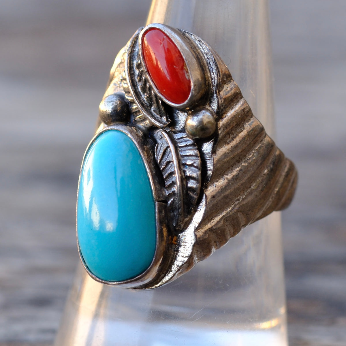 Vintage Sterling Turquoise and Coral Feather Ring 9.25