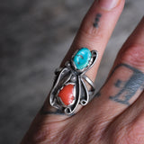 Vintage Sterling Turquoise and Coral Ring 6