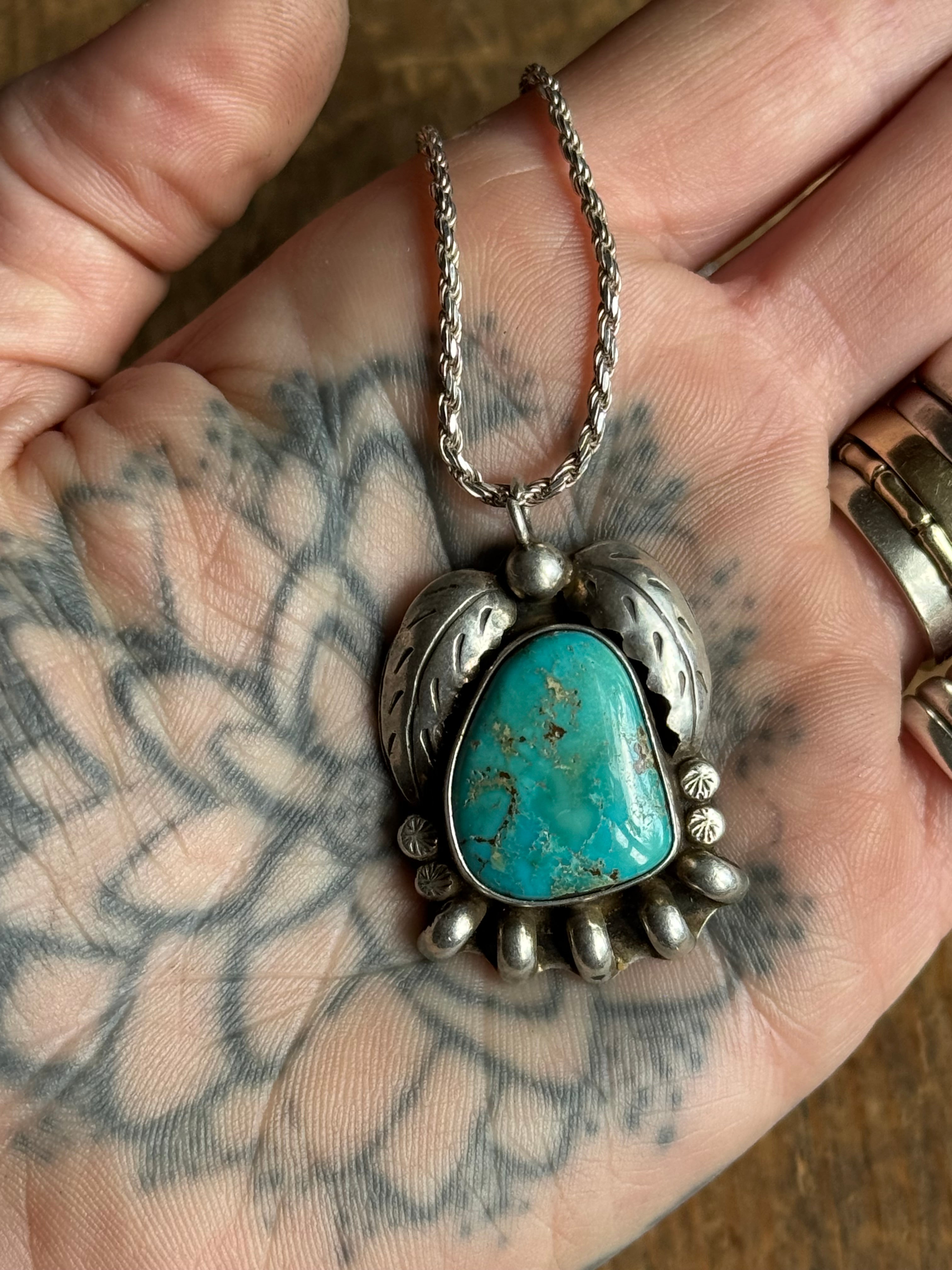 Vintage Sterling Silver Chunky Turquoise Leaf 24" Necklace