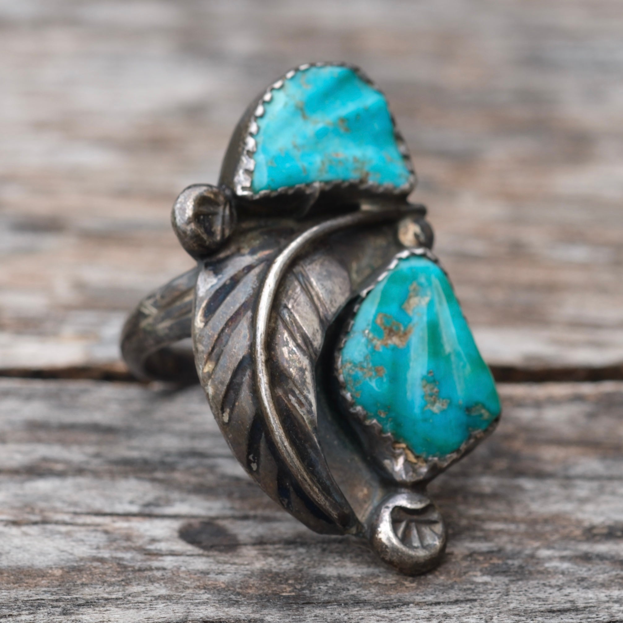 Vintage Sterling Carved Turquoise Feather Ring 6.25