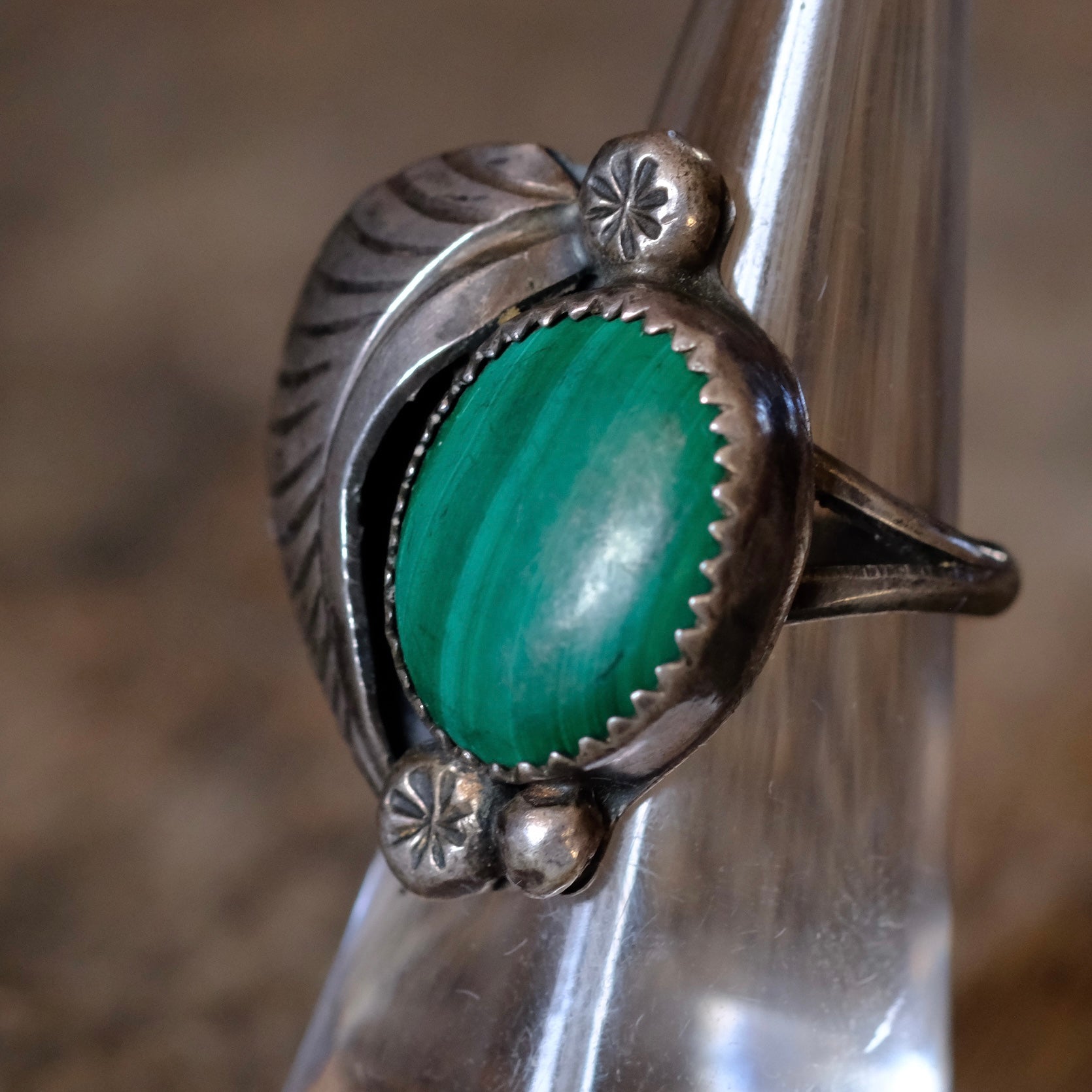 Vintage Sterling Malachite Feather Ring 5.5