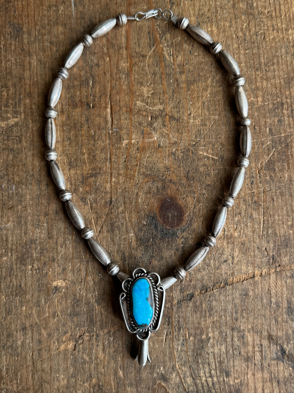 Vintage Sterling Silver Turquoise Squash Bell Necklace