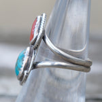 Vintage Sterling Turquoise and Coral Feather Ring 7.25