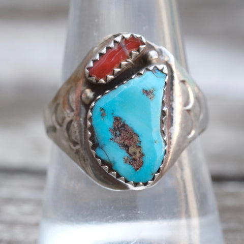 Vintage Sterling Turquoise and Coral Ring 9.75
