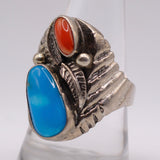 Vintage Sterling Turquoise and Coral Feather Ring 9.75