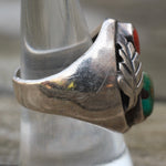 Vintage Sterling Turquoise and Coral Feather Ring 8.25