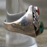 Vintage Sterling Turquoise and Coral Feather Ring 8.25