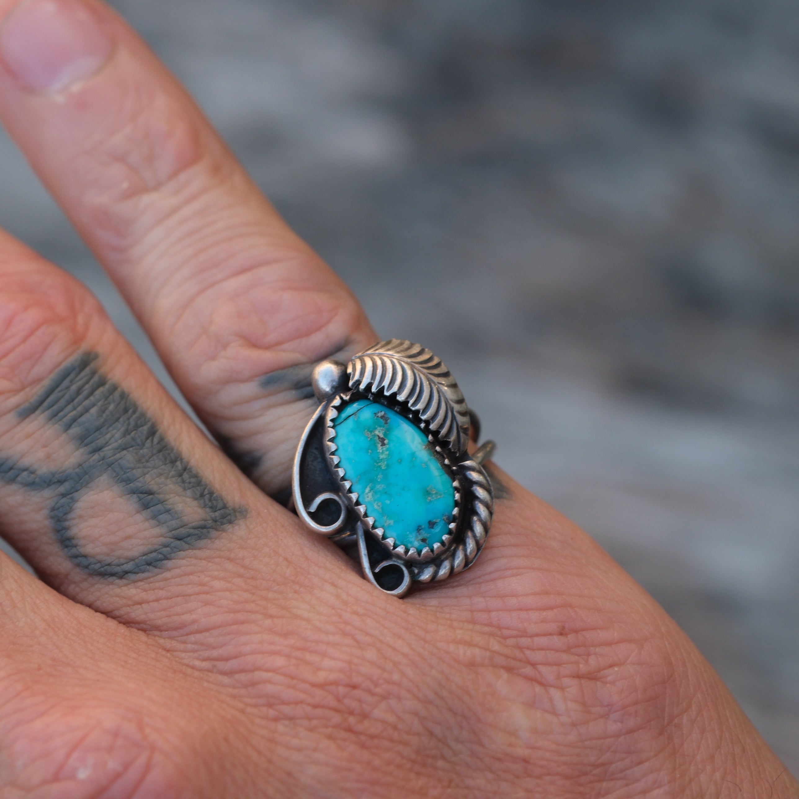 Vintage Sterling Turquoise Feather Ring 7