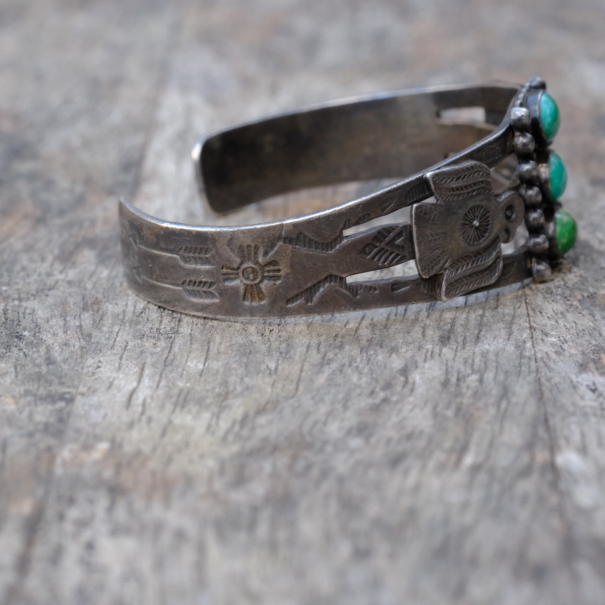 Vintage Sterling 3-Stone Turquoise Thunderbird Cuff Bracelet