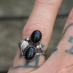 Vintage Sterling Onyx Feather Ring 5.75