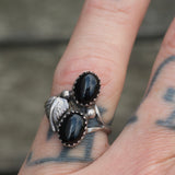 Vintage Sterling Onyx Feather Ring 5.75