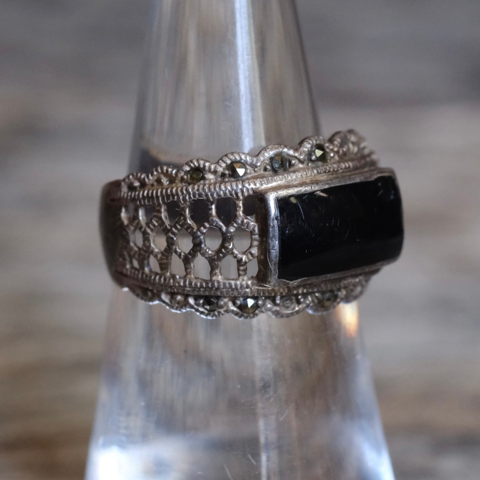 Vintage Sterling Onyx Marcasite Ring 5.5
