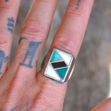 Vintage Sterling Turquoise Jet and MOP Inlay Ring 10.5
