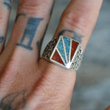 Vintage Sterling Turquoise and Coral Inlay Sunrise Ring 11