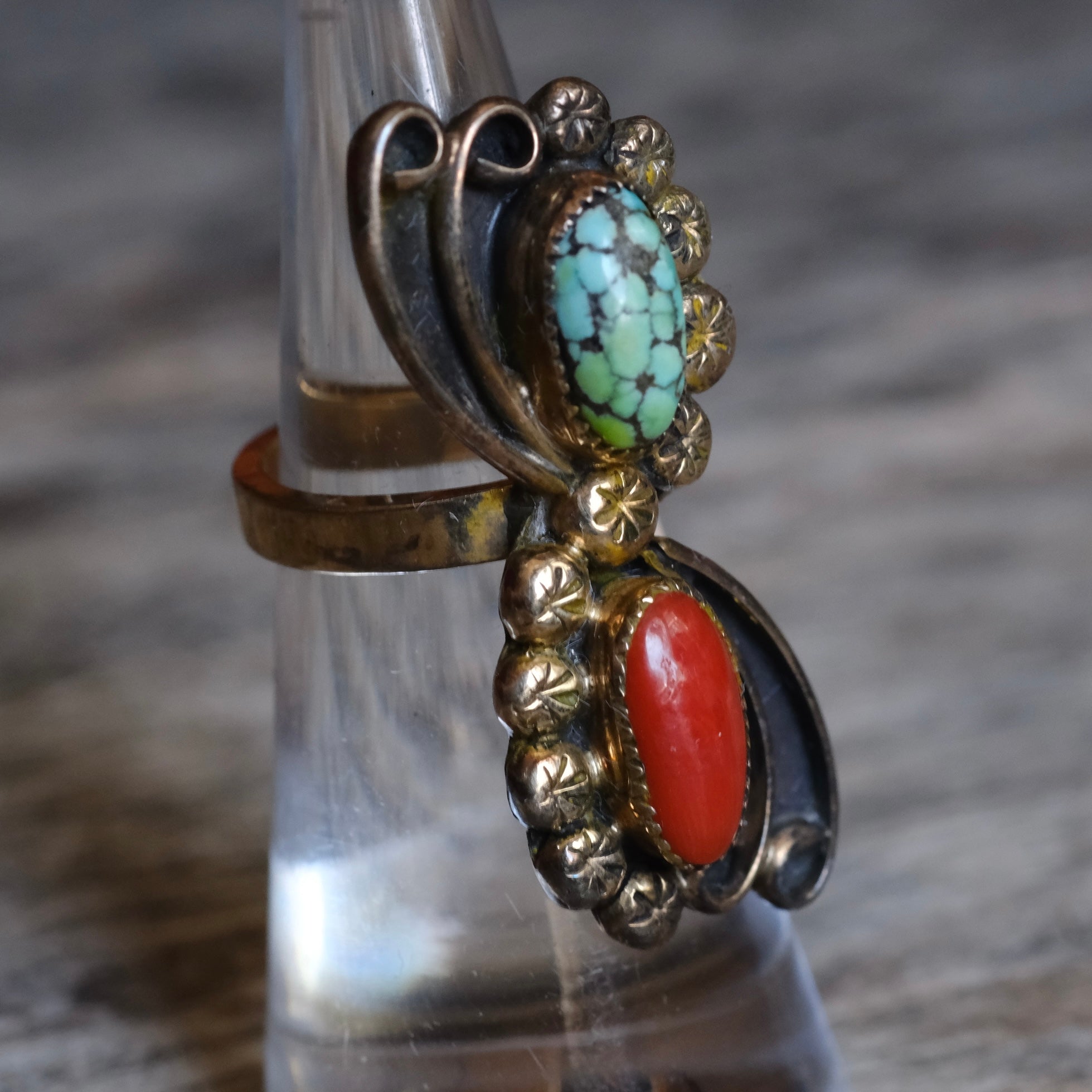 Vintage Gold Wash Sterling Turquoise and Coral Ring 4.75