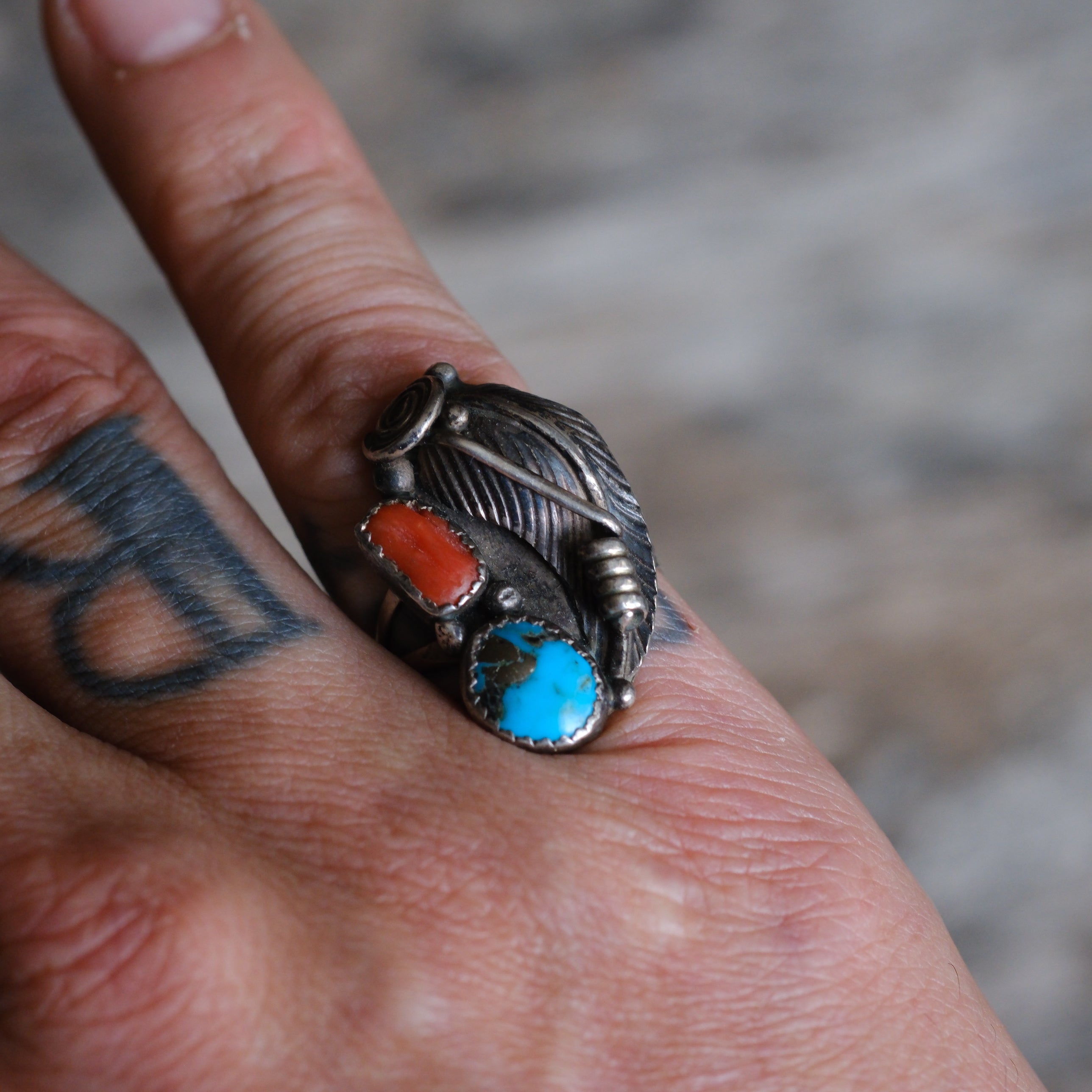 Vintage Sterling Turquoise and Coral Feather Ring 5.5